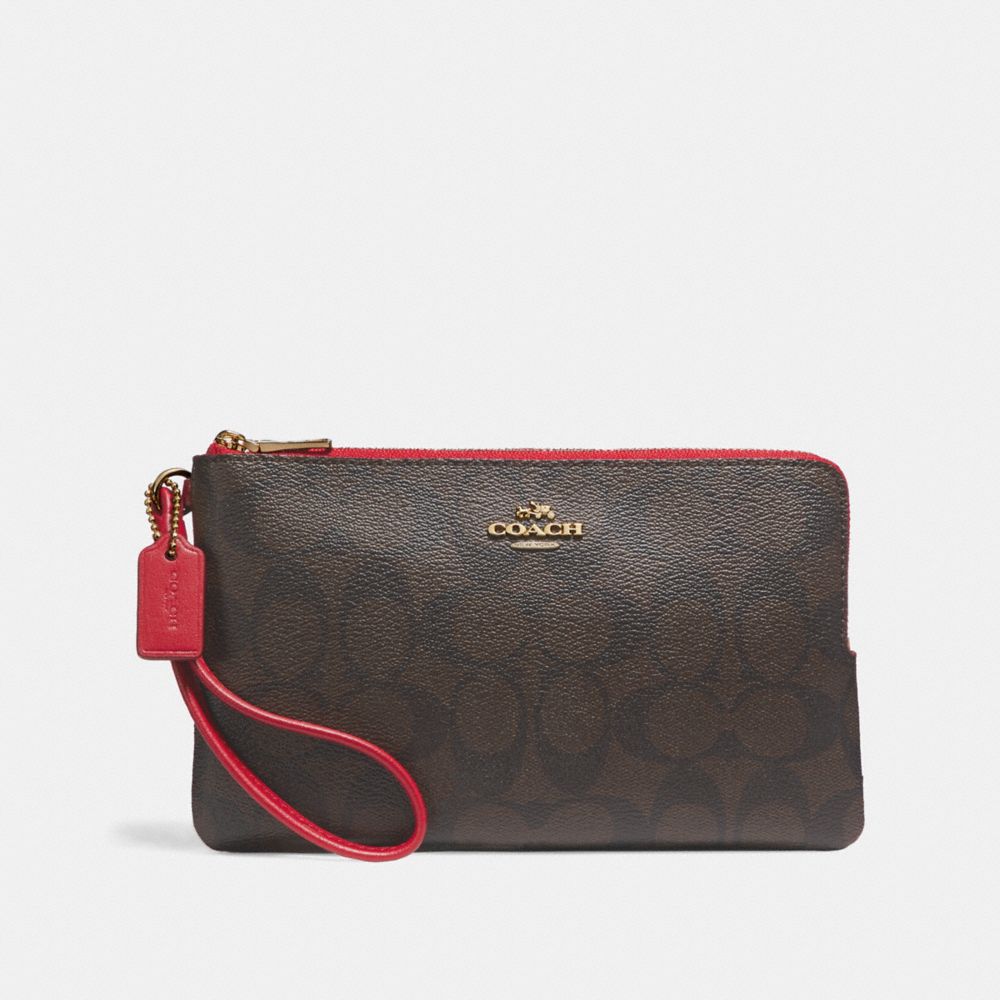 DOUBLE ZIP WALLET IN SIGNATURE CANVAS - BROWN/TRUE RED/LIGHT GOLD - COACH F16109