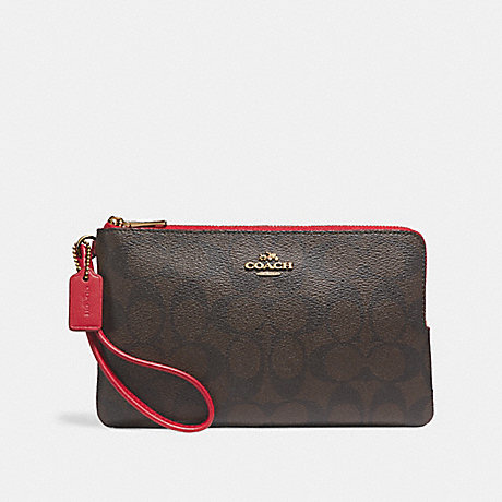 COACH DOUBLE ZIP WALLET IN SIGNATURE CANVAS - BROWN/TRUE RED/LIGHT GOLD - F16109