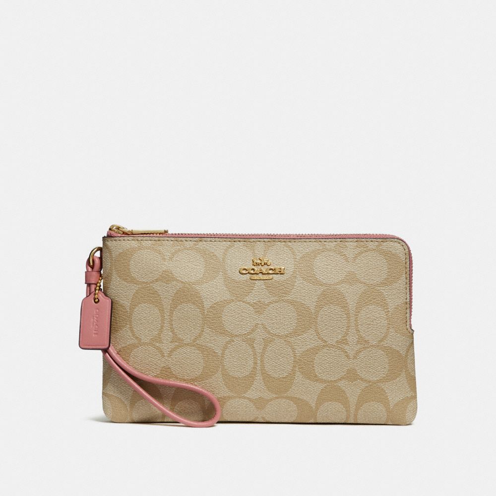 DOUBLE ZIP WALLET IN SIGNATURE CANVAS - LIGHT KHAKI/VINTAGE PINK/IMITATION GOLD - COACH F16109