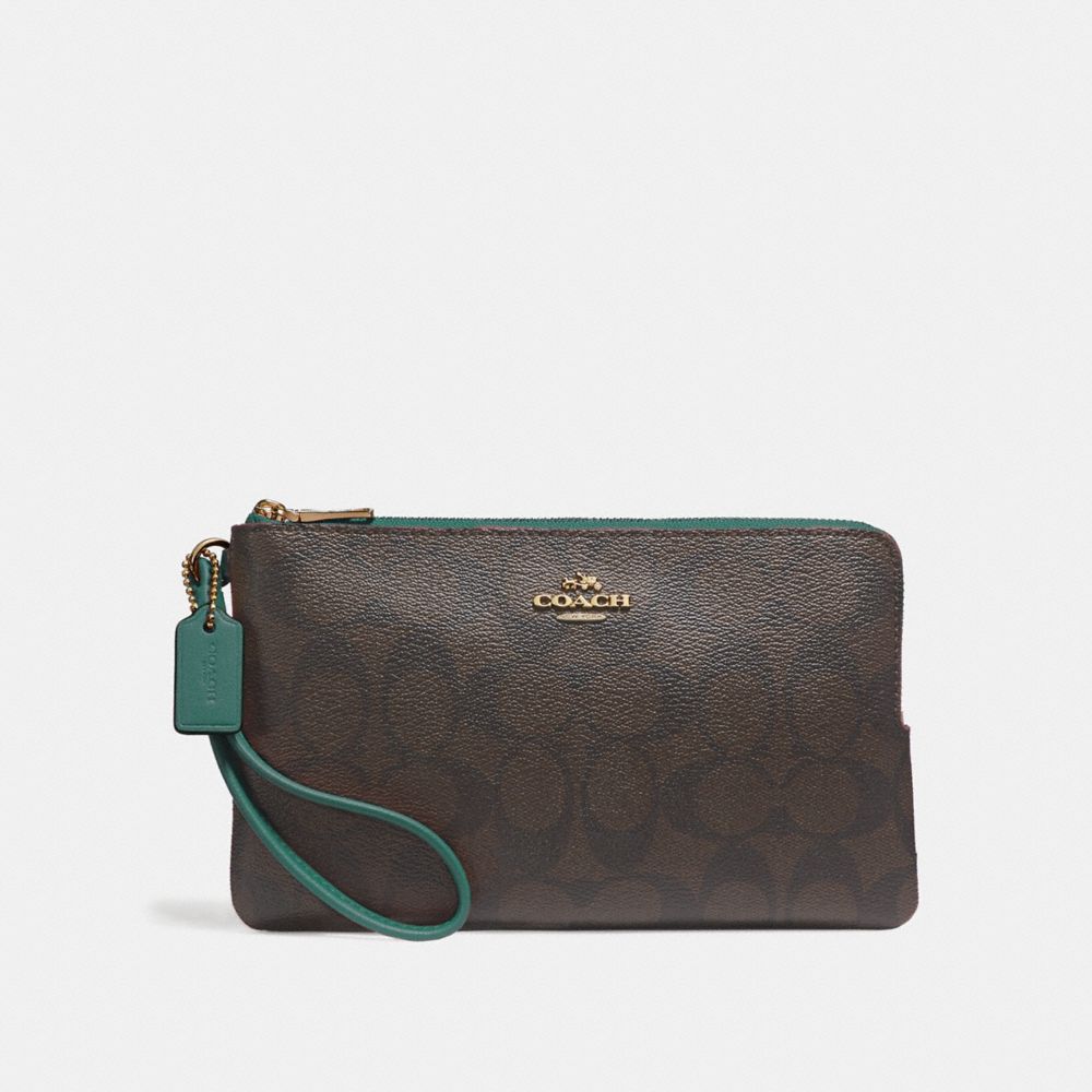 COACH F16109 DOUBLE ZIP WALLET IN SIGNATURE CANVAS BROWN/DARK TURQUOISE/LIGHT GOLD