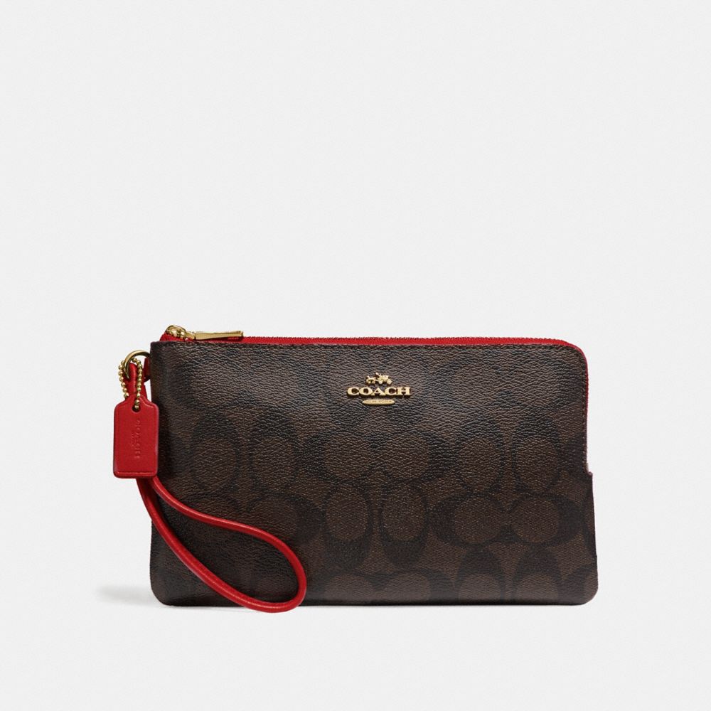COACH F16109 - DOUBLE ZIP WALLET IN SIGNATURE CANVAS BROWN/RUBY/IMITATION GOLD
