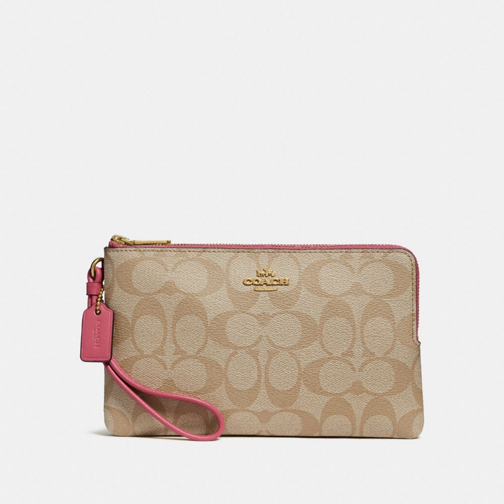 COACH F16109 DOUBLE ZIP WALLET IN SIGNATURE CANVAS LIGHT-KHAKI/ROUGE/GOLD