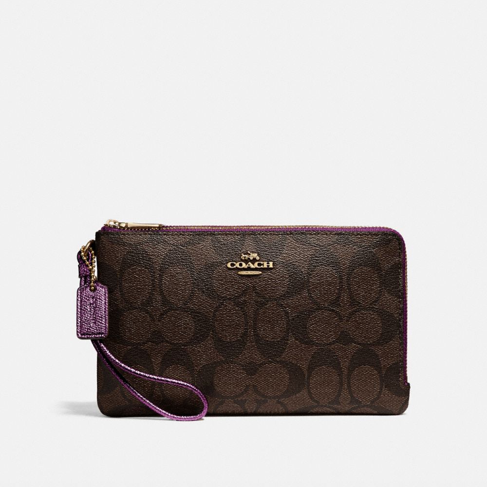 COACH F16109 DOUBLE ZIP WALLET IN SIGNATURE CANVAS IM/BROWN-METALLIC-BERRY