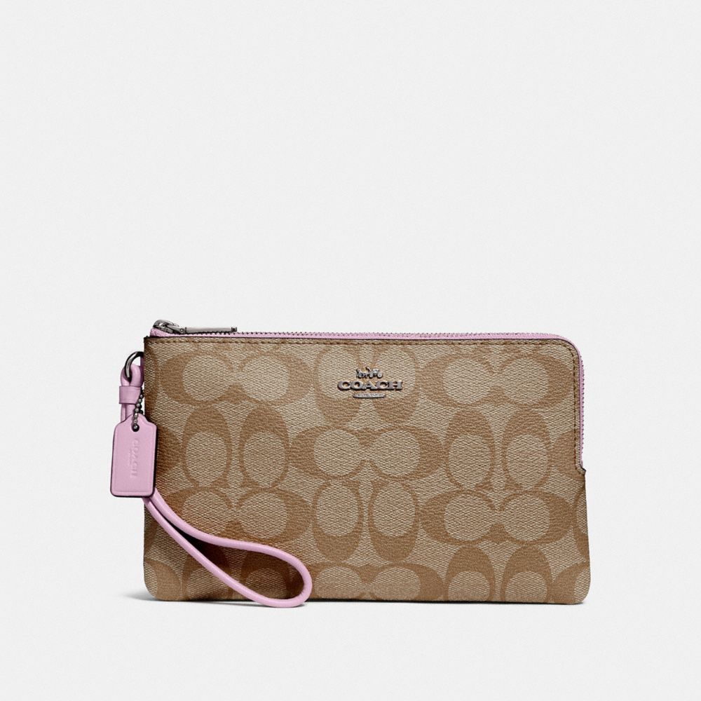 COACH F16109 Double Zip Wallet In Signature Canvas KHAKI/LILAC/SILVER