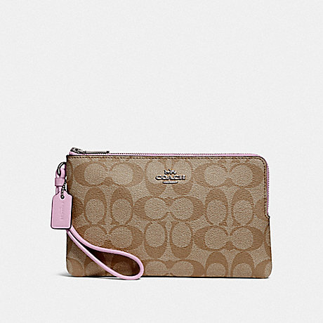 COACH DOUBLE ZIP WALLET IN SIGNATURE CANVAS - KHAKI/LILAC/SILVER - F16109