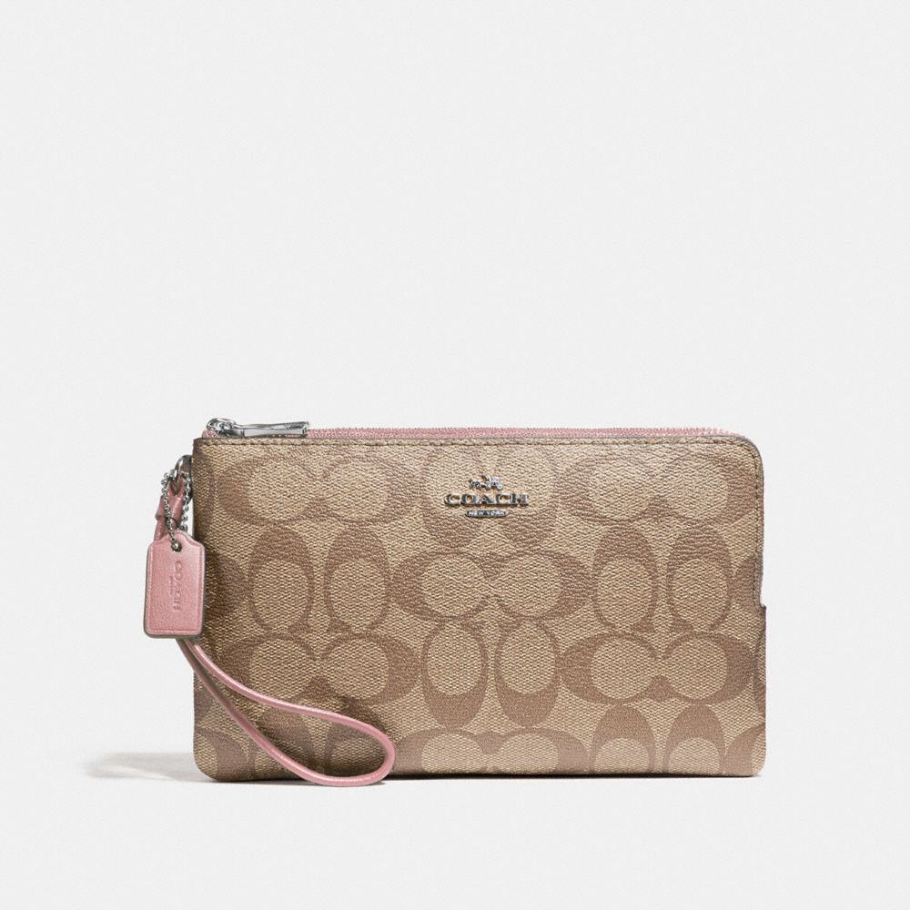 COACH DOUBLE ZIP WALLET IN SIGNATURE CANVAS - KHAKI/PETAL/SILVER - F16109