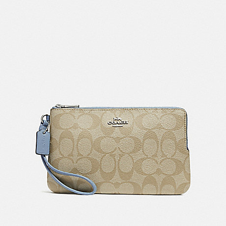 COACH DOUBLE ZIP WALLET IN SIGNATURE CANVAS - LIGHT KHAKI/POOL/SILVER - f16109