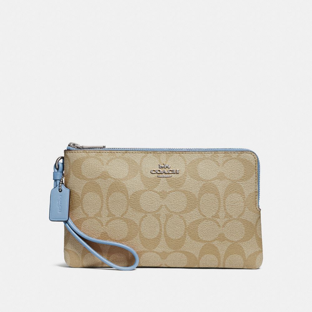 COACH F16109 Double Zip Wallet In Signature Canvas LT KHAKI/CORNFLOWER/SILVER