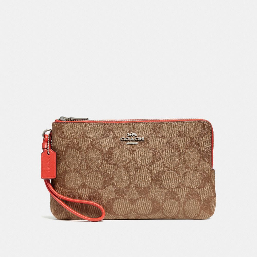 DOUBLE ZIP WALLET IN SIGNATURE CANVAS - KHAKI/ORANGE RED/SILVER - COACH F16109