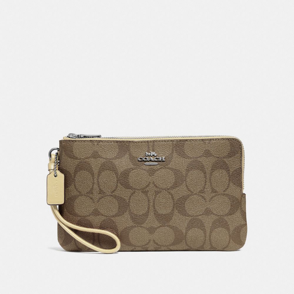 DOUBLE ZIP WALLET IN SIGNATURE CANVAS - f16109 - khaki/vanilla/silver