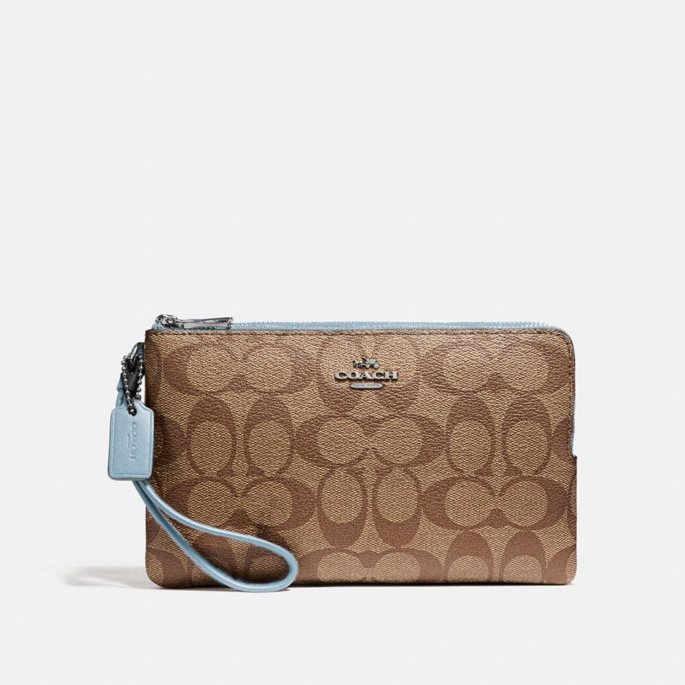 COACH F16109 Double Zip Wallet In Signature Canvas KHAKI/PALE BLUE/SILVER