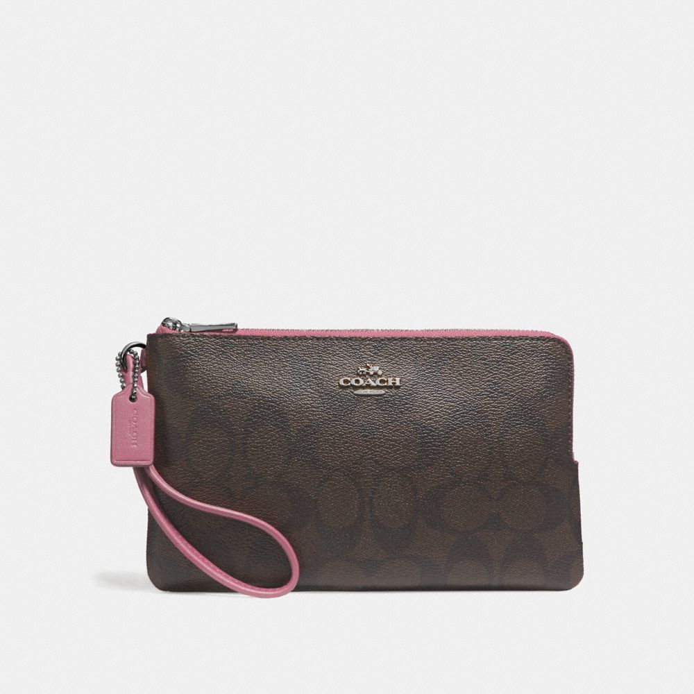 COACH F16109 Double Zip Wallet In Signature Canvas BROWN/DUSTY ROSE/SILVER