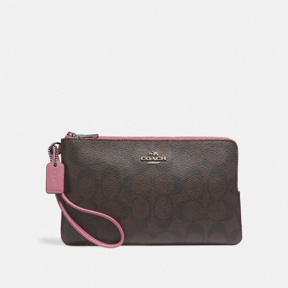 COACH f16109 DOUBLE ZIP WALLET IN SIGNATURE CANVAS brown/dusty rose/silver