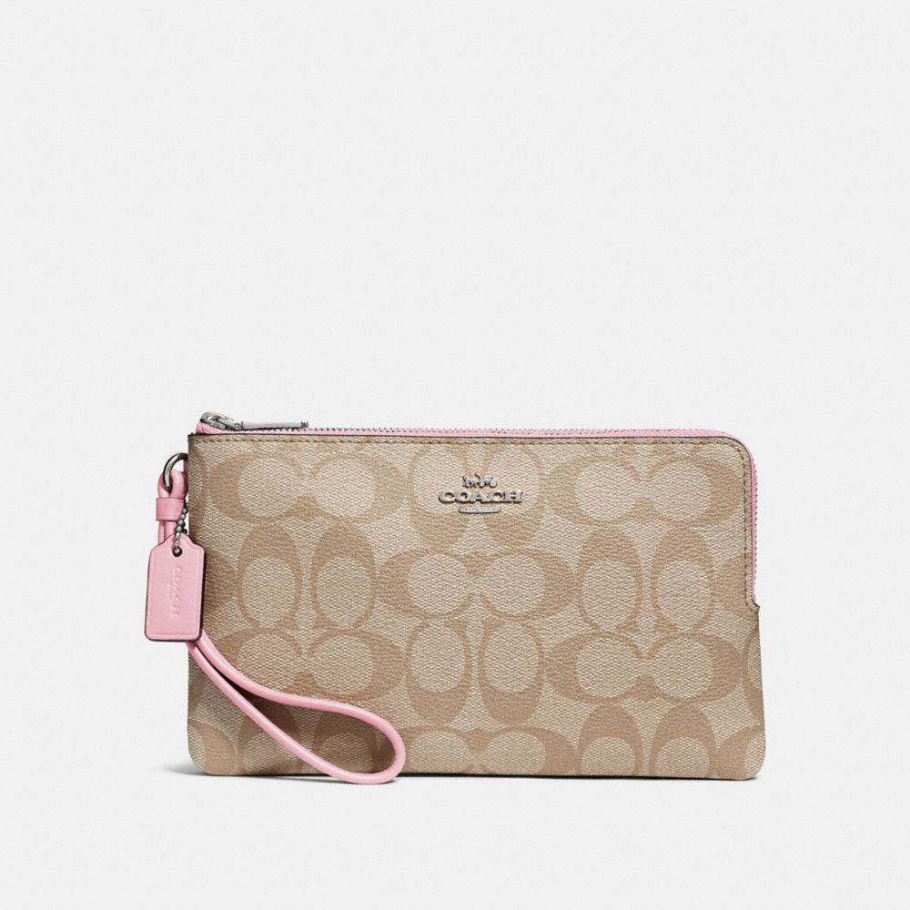 COACH F16109 - DOUBLE ZIP WALLET IN SIGNATURE CANVAS LIGHT KHAKI/CARNATION/SILVER