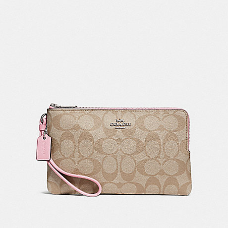 COACH F16109 DOUBLE ZIP WALLET IN SIGNATURE CANVAS LIGHT-KHAKI/CARNATION/SILVER