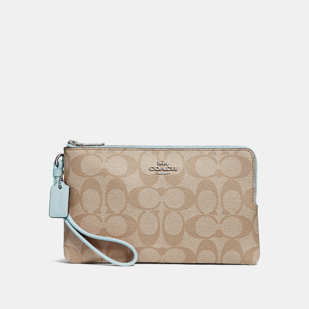 COACH F16109 Double Zip Wallet In Signature Canvas LIGHT KHAKI/SEAFOAM/SILVER