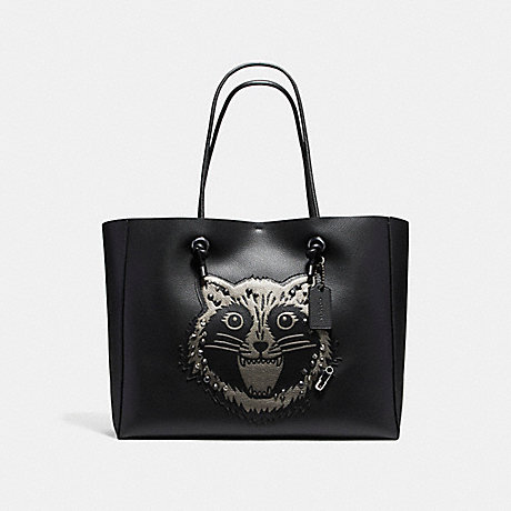 COACH SHOPPING TOTE 39 IN POLISHED PEBBLE LEATHER WITH RACCOON - ANTIQUE NICKEL/BLACK - f16513