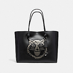 SHOPPING TOTE 39 IN POLISHED PEBBLE LEATHER WITH RACCOON - COACH f16513 - ANTIQUE NICKEL/BLACK