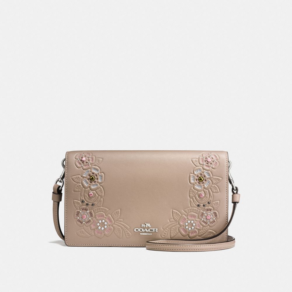 FOLDOVER CROSSBODY CLUTCH WITH PAINTED TEA ROSE TOOLING - f16607 - LIGHT ANTIQUE NICKEL/STONE MULTI