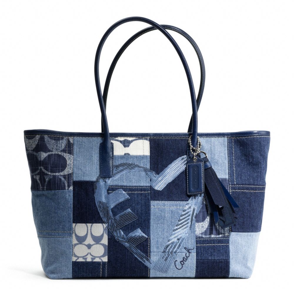 COACH f17054 POPPY DENIM PATCHWORK SEQUINS TOTE 