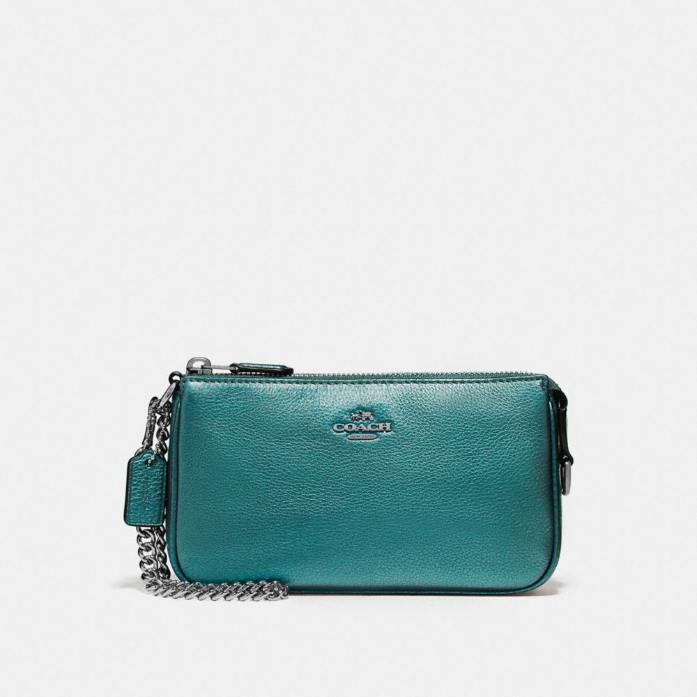 COACH f20151 LARGE WRISTLET 19 IN METALLIC PEBBLE LEATHER BLACK ANTIQUE NICKEL/METALLIC DARK TEAL