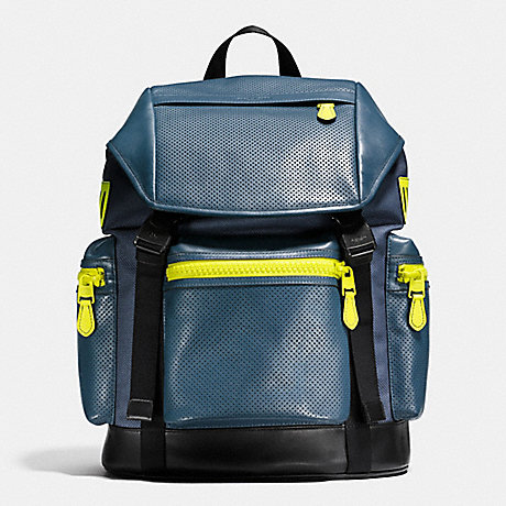 TERRAIN TREK PACK IN PERFORATED MIXED MATERIALS - COACH F20467 - BLACK ANTIQUE NICKEL/DK DENIM/BLK/BRIGHT YELLOW