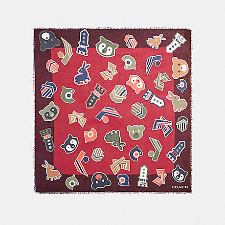 COACH VARSITY PATCH OVERSIZED SQUARE SCARF - TRUE RED MULTI - F20888