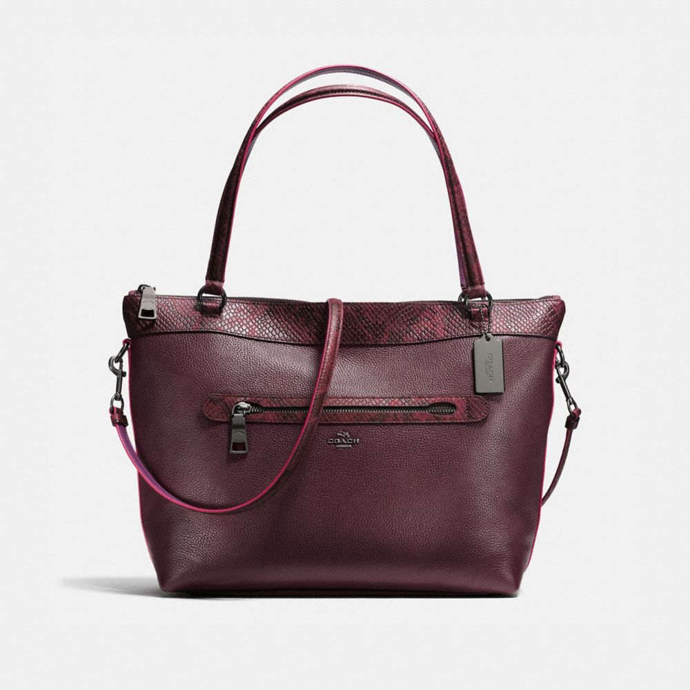 COACH F20898 - TYLER TOTE IN POLISHED PEBBLE LEATHER WITH PYTHON-EMBOSSED LEATHER TRIM BLACK ANTIQUE NICKEL/OXBLOOD MULTI