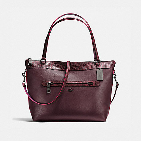 COACH f20898 TYLER TOTE IN POLISHED PEBBLE LEATHER WITH PYTHON-EMBOSSED LEATHER TRIM BLACK ANTIQUE NICKEL/OXBLOOD MULTI