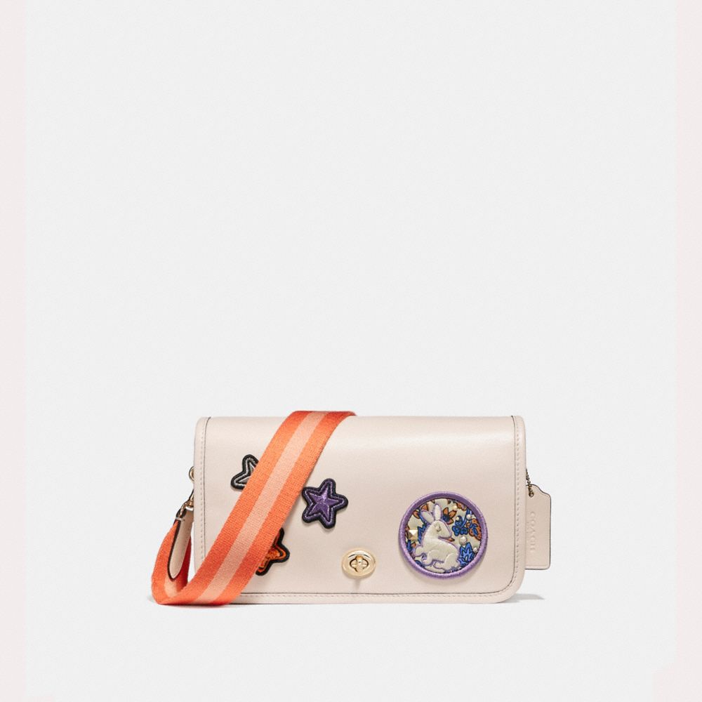 PENNY CROSSBODY IN REFINED CALF LEATHER WITH VARSITY PATCHES AND WEBBED STRAP - f20913 - LIGHT GOLD/CHALK
