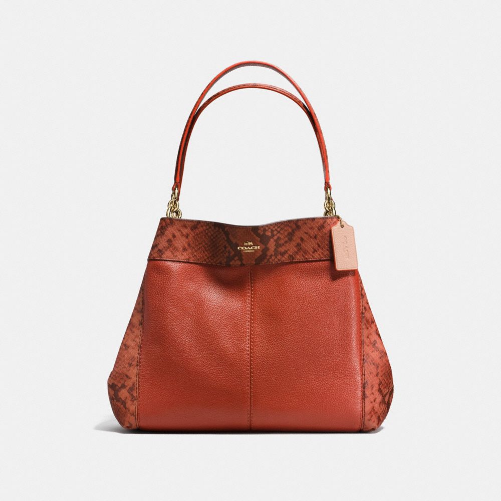 LEXY SHOULDER BAG IN POLISHED PEBBLE LEATHER WITH PYTOHN EMBOSSED LEATHER TRIM - f20920 - IMITATION GOLD/TERRACOTTA MULTI