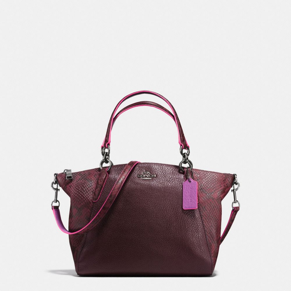 SMALL KELSEY SATCHEL IN REFINED NATURAL PEBBLE LEATHER WITH PYTHON EMBOSSED LEATHER - f20923 - BLACK ANTIQUE NICKEL/OXBLOOD MULTI