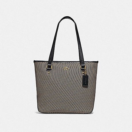 COACH F20936 ZIP TOP TOTE WITH LEGACY PRINT MILK/BLACK/GOLD