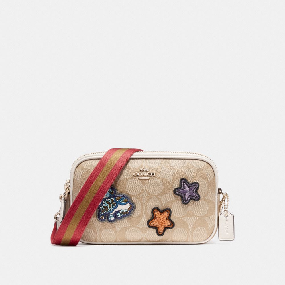 COACH F20963 Crossbody Pouch In Signature Coated Canvas With Varsity Patches LIGHT GOLD/LIGHT KHAKI