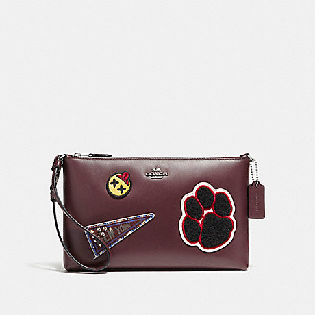 COACH f20965 LARGE WRISTLET 25 IN REFINED CALF LEATHER WITH VARSITY PATCHES SILVER/OXBLOOD 1