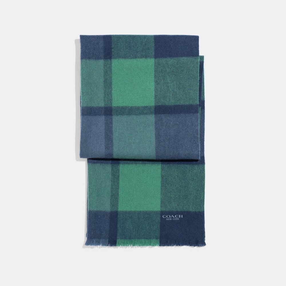 CASHMERE BLEND BIG PLAID SCARF - MIDNIGHT NAVY/GREEN/DENIM - COACH F21055