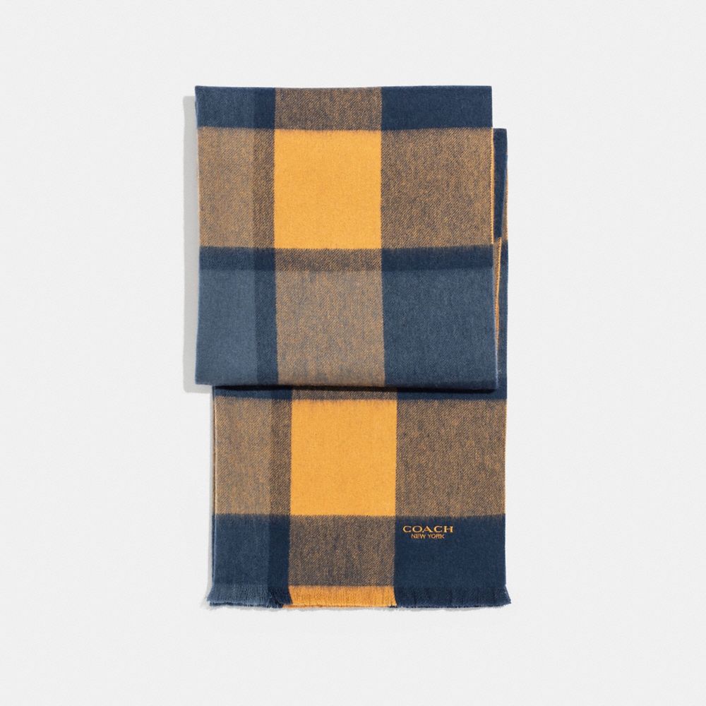 COACH F21055 - CASHMERE BLEND BIG PLAID SCARF MIDNIGHT NAVY/FAWN/DENIM