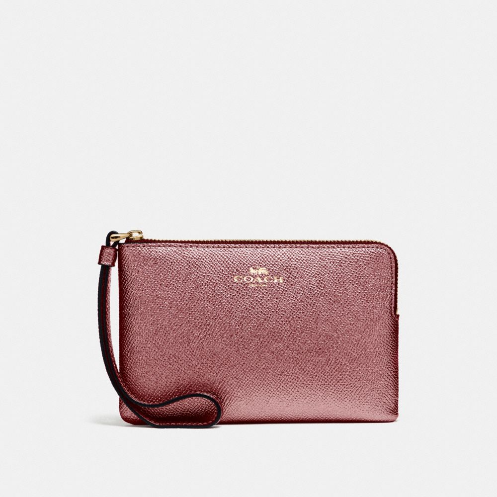 COACH f21070 CORNER ZIP WRISTLET IN METALLIC CROSSGRAIN LEATHER LIGHT GOLD/METALLIC CHERRY