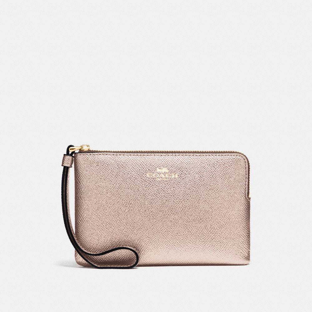 COACH f21070 CORNER ZIP WRISTLET IN METALLIC CROSSGRAIN LEATHER LIGHT GOLD/PLATINUM