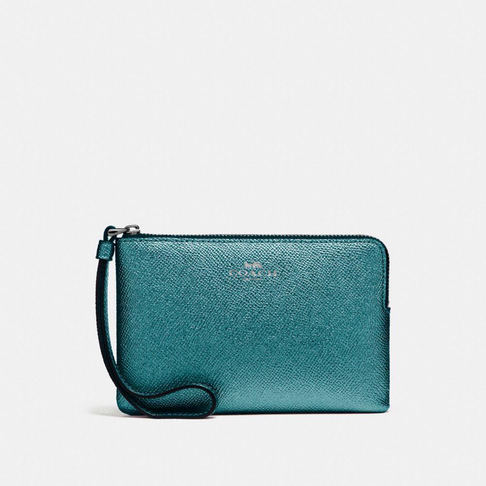 COACH CORNER ZIP WRISTLET IN METALLIC CROSSGRAIN LEATHER - BLACK ANTIQUE NICKEL/METALLIC DARK TEAL - F21070