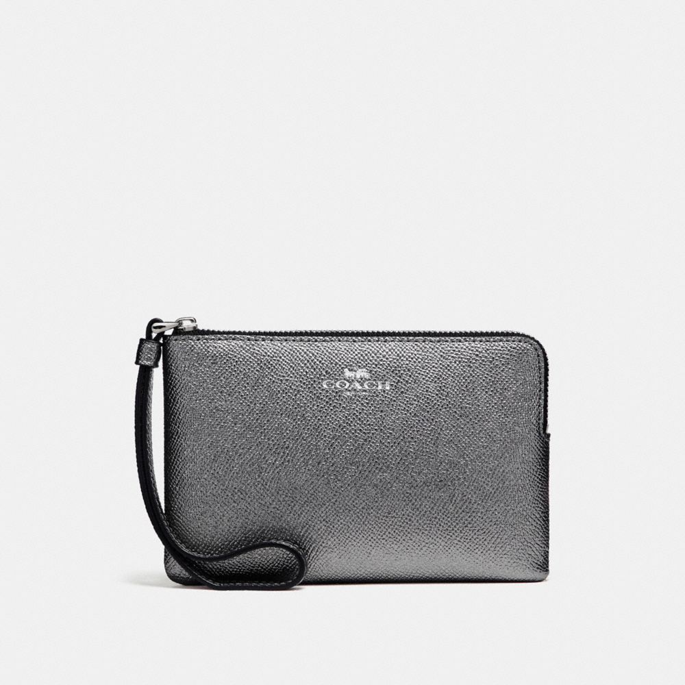 CORNER ZIP WRISTLET IN METALLIC CROSSGRAIN LEATHER - f21070 - SILVER/GUNMETAL