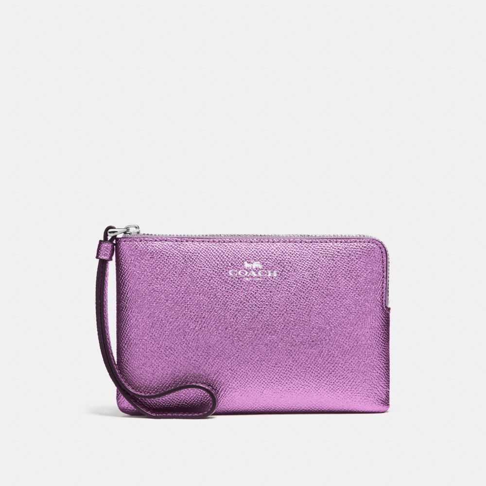 COACH f21070 CORNER ZIP WRISTLET IN METALLIC CROSSGRAIN LEATHER SILVER/METALLIC LILAC