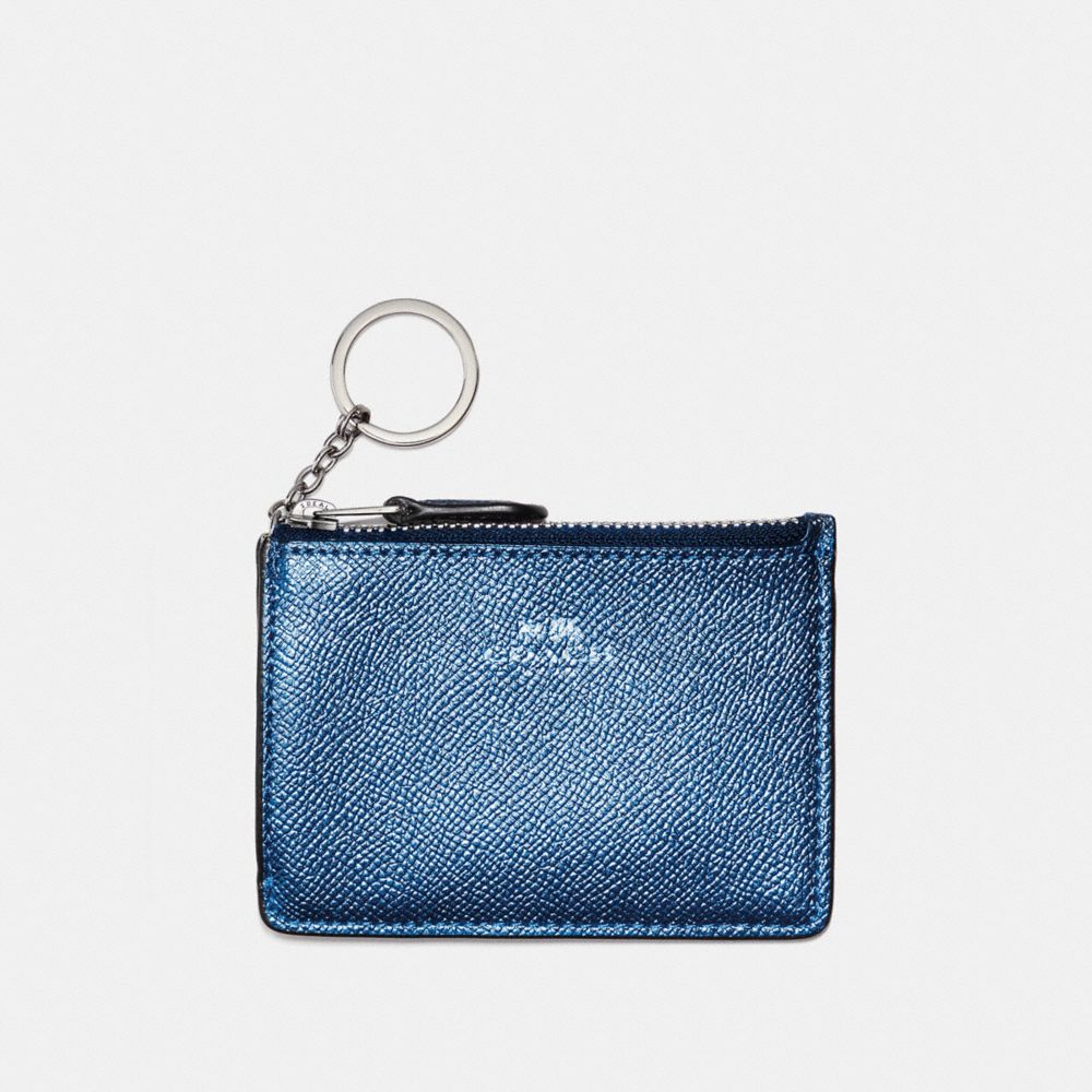 COACH f21072 MINI SKINNY ID CASE IN METALLIC CROSSGRAIN LEATHER SILVER/METALLIC NAVY