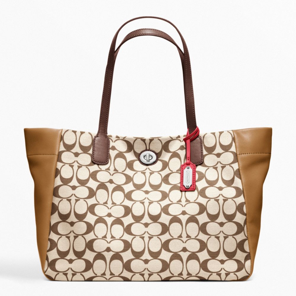 LEGACY WEEKEND PRINTED SIGNATURE EAST-WEST TURNLOCK TOTE - SILVER/KHAKI/VIOLET - COACH F21236