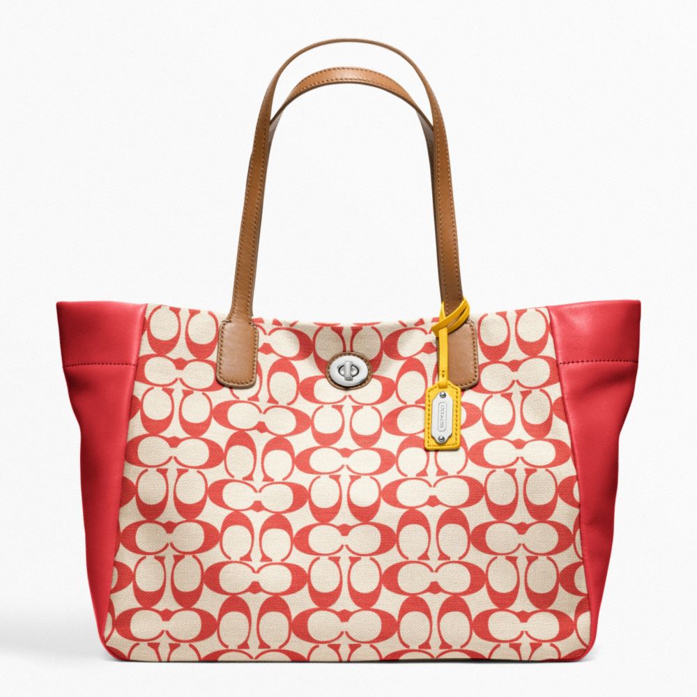 LEGACY WEEKEND PRINTED SIGNATURE EAST-WEST TURNLOCK TOTE - SILVER/KHAKI/VIOLET - COACH F21236