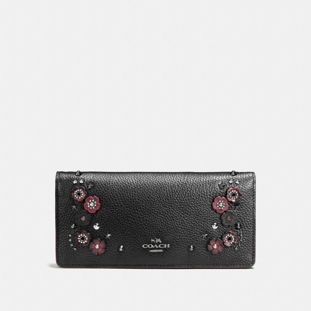 COACH F21608 Slim Wallet With Tea Rose BLACK MULTI/DARK GUNMETAL