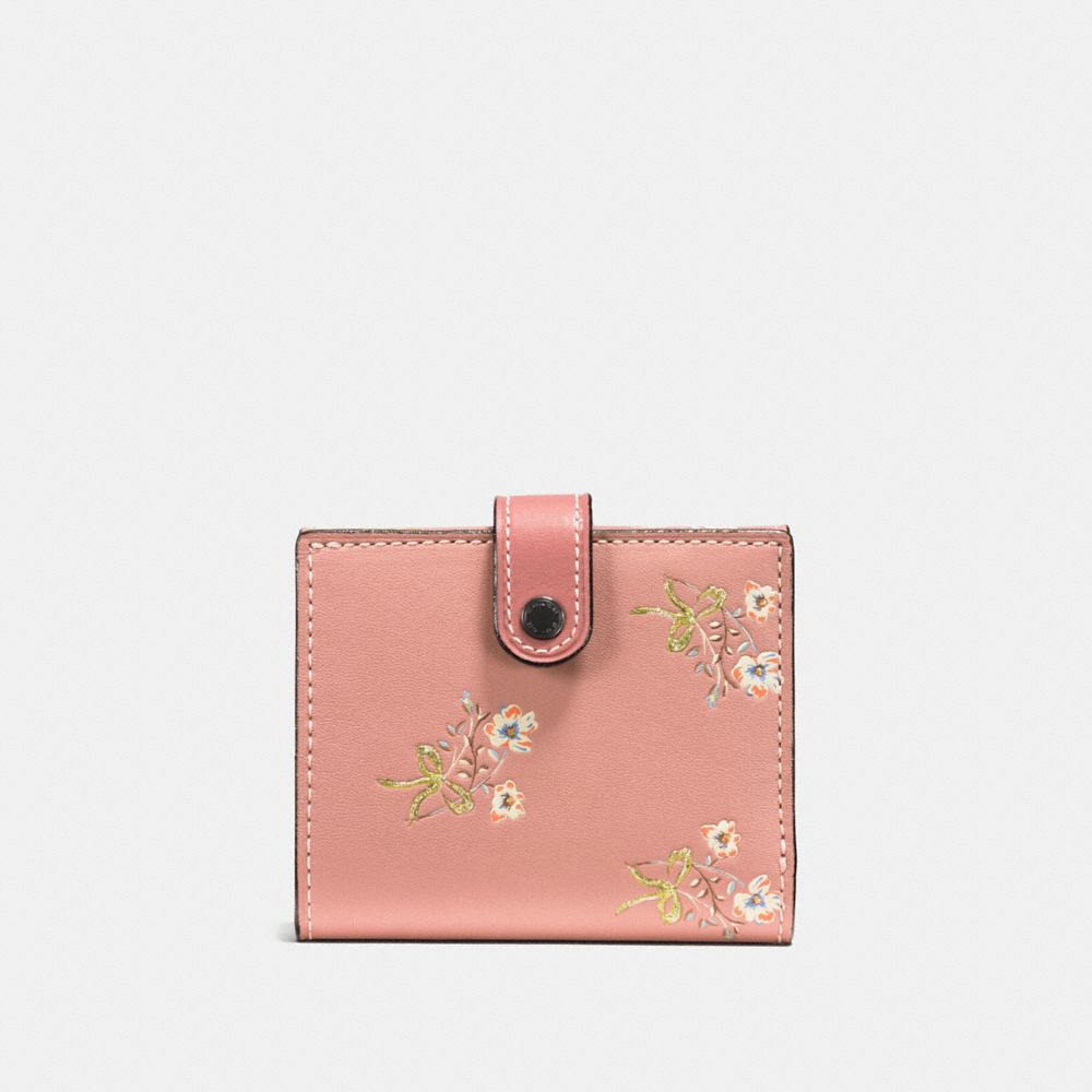 COACH F21693 Small Trifold Wallet With Floral Bow Print PINK/BLACK COPPER
