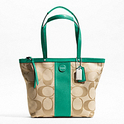 SIGNATURE STRIPE TOTE - SILVER/LT KHAKI/BRIGHT JADE - COACH F21950