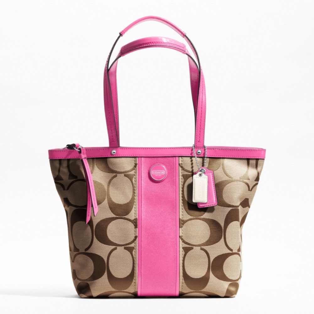 SIGNATURE STRIPE TOTE - SILVER/KHAKI/MULBERRY - COACH F21950