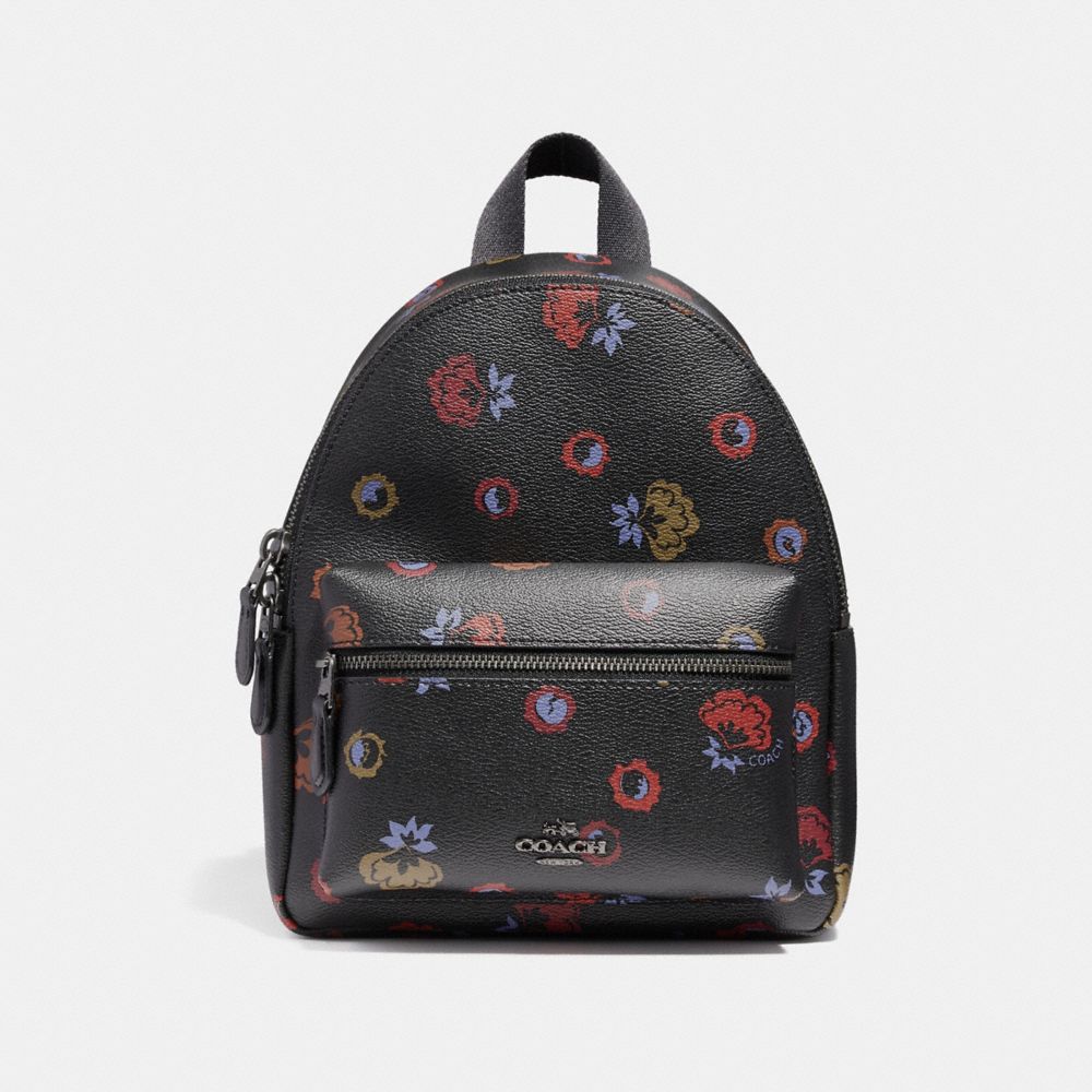 COACH MINI CHARLIE BACKPACK WITH PRIMROSE FLORAL PRINT - ANTIQUE NICKEL/BLACK MULTI - F22234